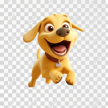 a 3d pixar style yellow dog running like crazy, in a blanc background
