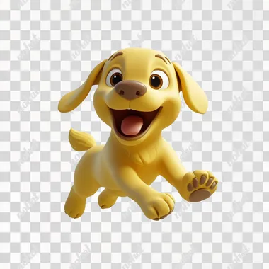 a 3d pixar style yellow dog running like crazy, in a blanc background