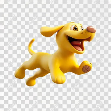 a 3d pixar style yellow dog running like crazy, in a blanc background