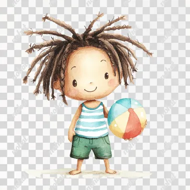 simple watercolor illustration of a cute little A black boy with a dead-rock hairstyle Shoulder-length hair braided into several small braids, wearing a blue and white striped tank top, dark green pants, and holding a beach ball. isolated on a white background, minimal style, children's book aesthetic, no shadows --raw rofile drobq9j