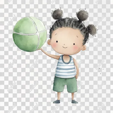 simple watercolor illustration of a cute little A black boy with a dead-rock hairstyle Shoulder-length hair braided into several small braids, wearing a blue and white striped tank top, dark green pants, and holding a beach ball. isolated on a white background, minimal style, children's book aesthetic, no shadows --raw rofile drobq9j