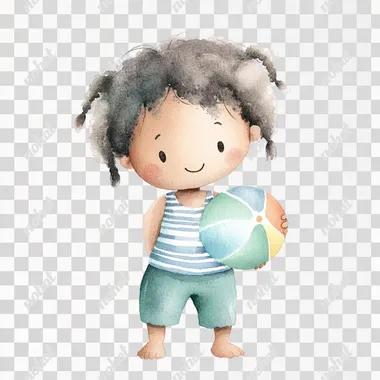 simple watercolor illustration of a cute little A black boy with a dead-rock hairstyle Shoulder-length hair braided into several small braids, wearing a blue and white striped tank top, dark green pants, and holding a beach ball. isolated on a white background, minimal style, children's book aesthetic, no shadows --raw rofile drobq9j