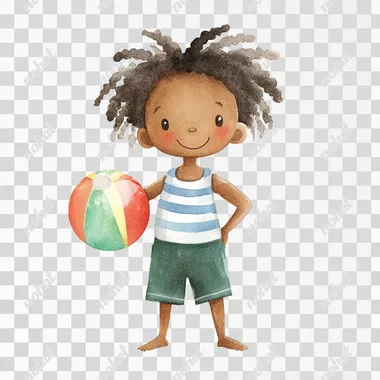 simple watercolor illustration of a cute little A black boy with a dead-rock hairstyle Shoulder-length hair braided into several small braids, wearing a blue and white striped tank top, dark green pants, and holding a beach ball. isolated on a white background, minimal style, children's book aesthetic, no shadows --raw rofile drobq9j