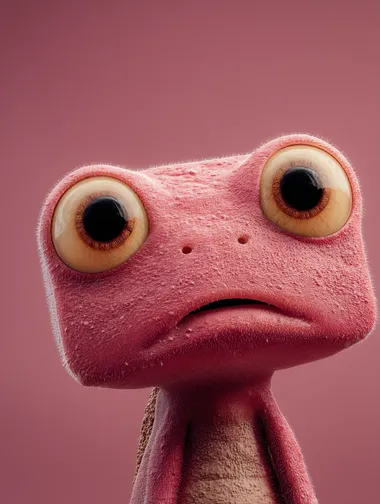A little pink frog, with a square head, small eyes, tired gaze, dull gaze, smooth skin, solid background, 3d texture, blender rendering, jelly cat style, Pixar style,