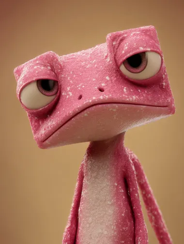 A little pink frog, with a square head, small eyes, tired gaze, dull gaze, smooth skin, solid background, 3d texture, blender rendering, jelly cat style, Pixar style,