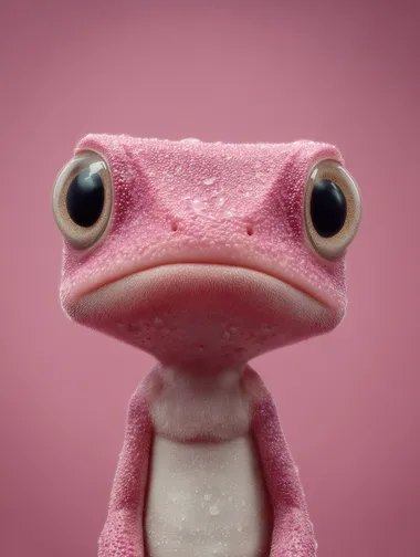 A little pink frog, with a square head, small eyes, tired gaze, dull gaze, smooth skin, solid background, 3d texture, blender rendering, jelly cat style, Pixar style,