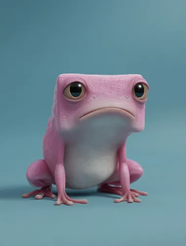 A little pink frog, with a square head, small eyes, tired gaze, dull gaze, smooth skin, solid background, 3d texture, blender rendering, jelly cat style, Pixar style,