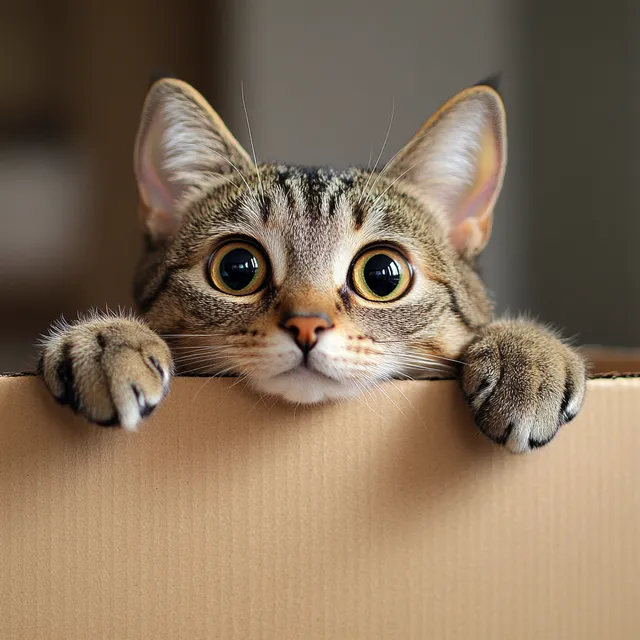 Curious Tabby Cat Peeking Over Cardboard Box in Cozy Living Room
