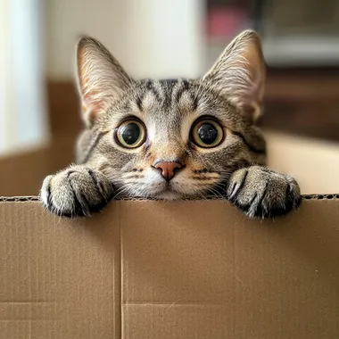 Curious Cat in a Box: A tabby cat with wide, curious eyes peeks over the edge of a cardboard box, its paws resting on the side