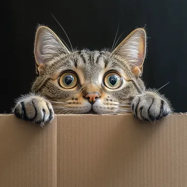 Curious Cat in a Box: A tabby cat with wide, curious eyes peeks over the edge of a cardboard box, its paws resting on the side