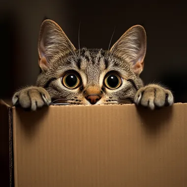 Curious Cat in a Box: A tabby cat with wide, curious eyes peeks over the edge of a cardboard box, its paws resting on the side