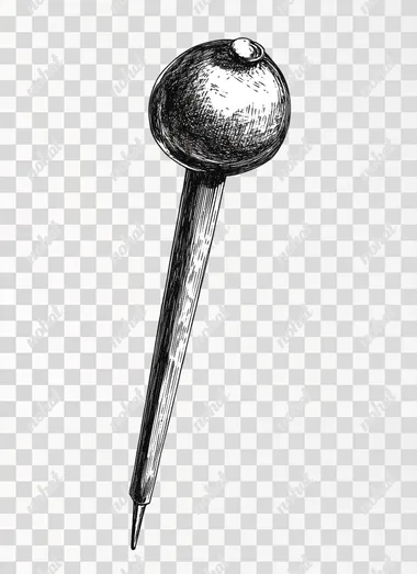 Vintage hand-drawn illustration of an office push pin, transparent background, clip art, Black and white