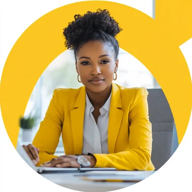AFROCENTRIC FINANCIAL SPECIALIST WOMAN DRESSED IN YELLOW AND GRAY SITTING AT A DESK