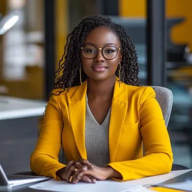 AFROCENTRIC FINANCIAL SPECIALIST WOMAN DRESSED IN YELLOW AND GRAY SITTING AT A DESK