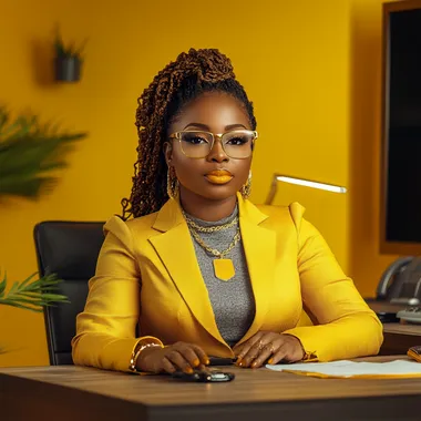 AFROCENTRIC FINANCIAL SPECIALIST WOMAN DRESSED IN YELLOW AND GRAY SITTING AT A DESK