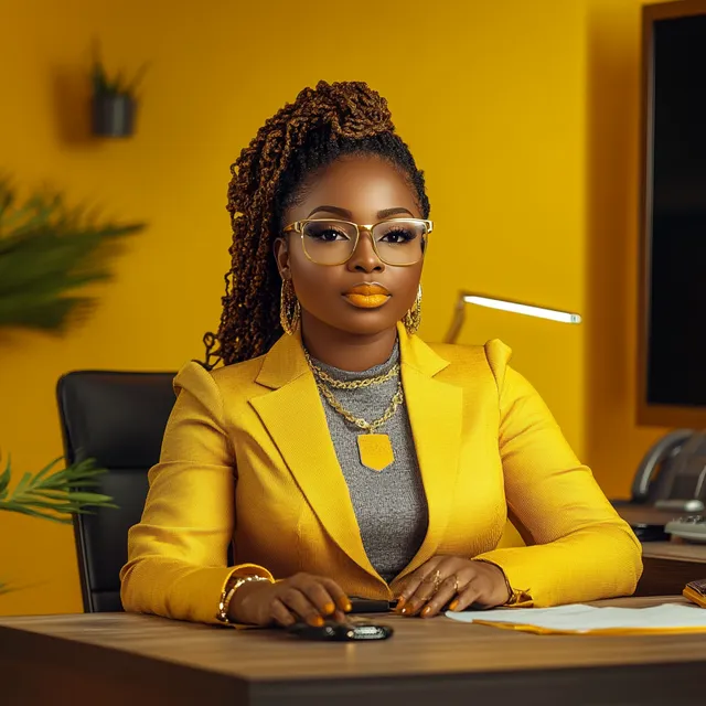 Afrocentric financial specialist woman in yellow and gray at desk home office