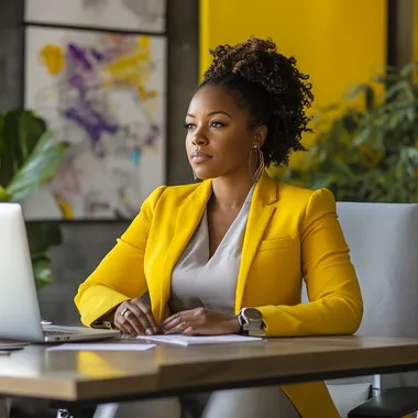 AFROCENTRIC FINANCIAL SPECIALIST WOMAN DRESSED IN YELLOW AND GRAY SITTING AT A DESK
