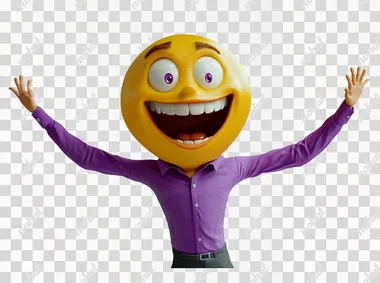 a playfulrealistic disney Pixar-style 3D scene featuring a person joyfully dancing, dressed in a simple purple shirt. Instead of a head, they have a giant, expressive emoji bursting with a crazy funny emotion. Set against a stark white background, employ hard studio lighting to create strong contrasts and sharply defined textures. Capture the dynamic movement with exaggerated, whimsical poses, emphasizing the oversized facial features and lively expressions of the emoji. The vibrant colors of the shirt and emoji stand out, while the precise lighting highlights every fold and shadow, adding depth and energy to the scene. The overall composition is engaging and full of life, reflecting the cheerful and carefree spirit of the dance in a party.