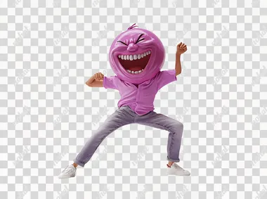 a playfulrealistic disney Pixar-style 3D scene featuring a person joyfully dancing, dressed in a simple purple shirt. Instead of a head, they have a giant, expressive emoji bursting with a crazy funny emotion. Set against a stark white background, employ hard studio lighting to create strong contrasts and sharply defined textures. Capture the dynamic movement with exaggerated, whimsical poses, emphasizing the oversized facial features and lively expressions of the emoji. The vibrant colors of the shirt and emoji stand out, while the precise lighting highlights every fold and shadow, adding depth and energy to the scene. The overall composition is engaging and full of life, reflecting the cheerful and carefree spirit of the dance in a party.