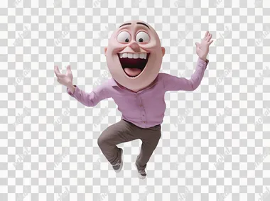 a playfulrealistic disney Pixar-style 3D scene featuring a person joyfully dancing, dressed in a simple purple shirt. Instead of a head, they have a giant, expressive emoji bursting with a crazy funny emotion. Set against a stark white background, employ hard studio lighting to create strong contrasts and sharply defined textures. Capture the dynamic movement with exaggerated, whimsical poses, emphasizing the oversized facial features and lively expressions of the emoji. The vibrant colors of the shirt and emoji stand out, while the precise lighting highlights every fold and shadow, adding depth and energy to the scene. The overall composition is engaging and full of life, reflecting the cheerful and carefree spirit of the dance in a party.
