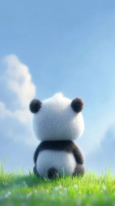 A cute panda sitting on the green grass, with a blue sky and white clouds in the background, in the style of Pixar, from the back view, with fluffy fur and a black and white color scheme, in high-definition photography.     n33onun