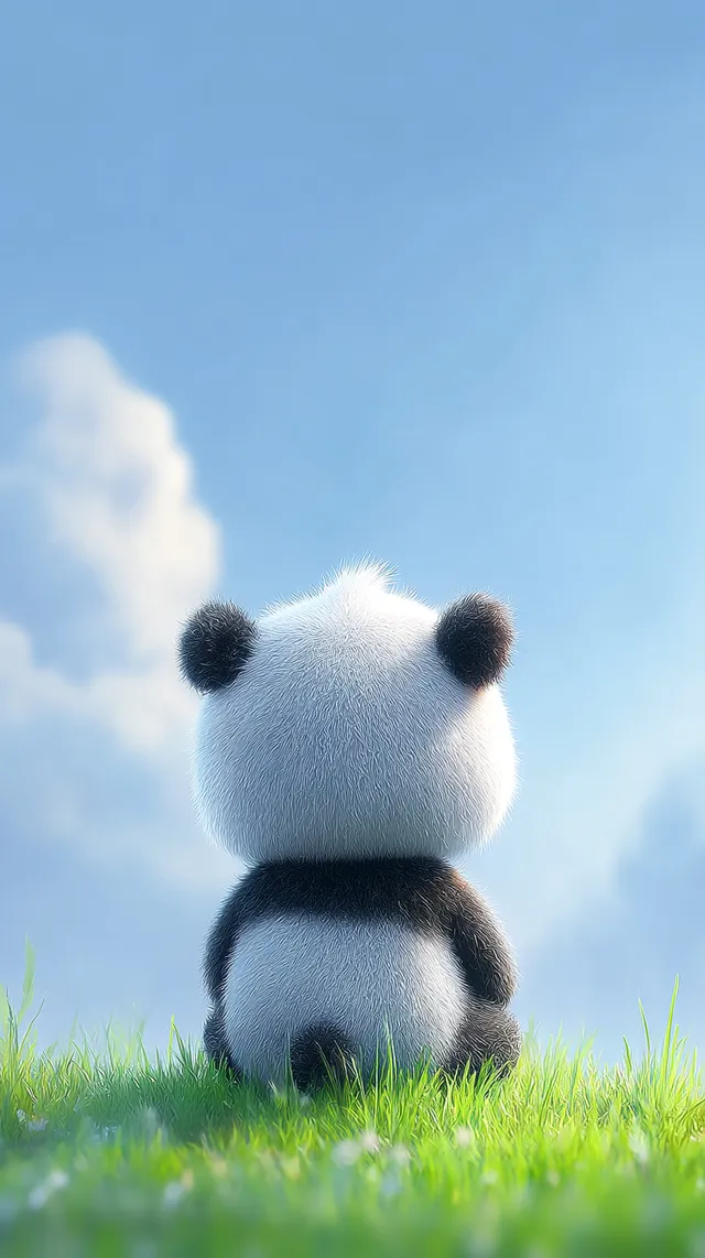 Cute Panda Sitting in Grass Under a Blue Sky