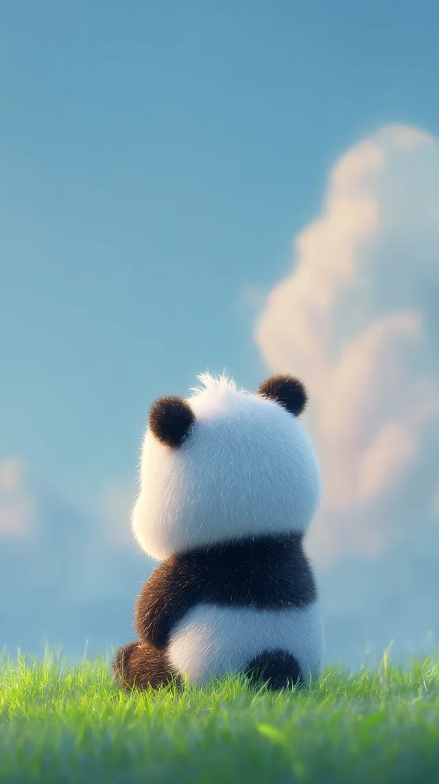 Cute Panda Sitting on Grass against Blue Sky