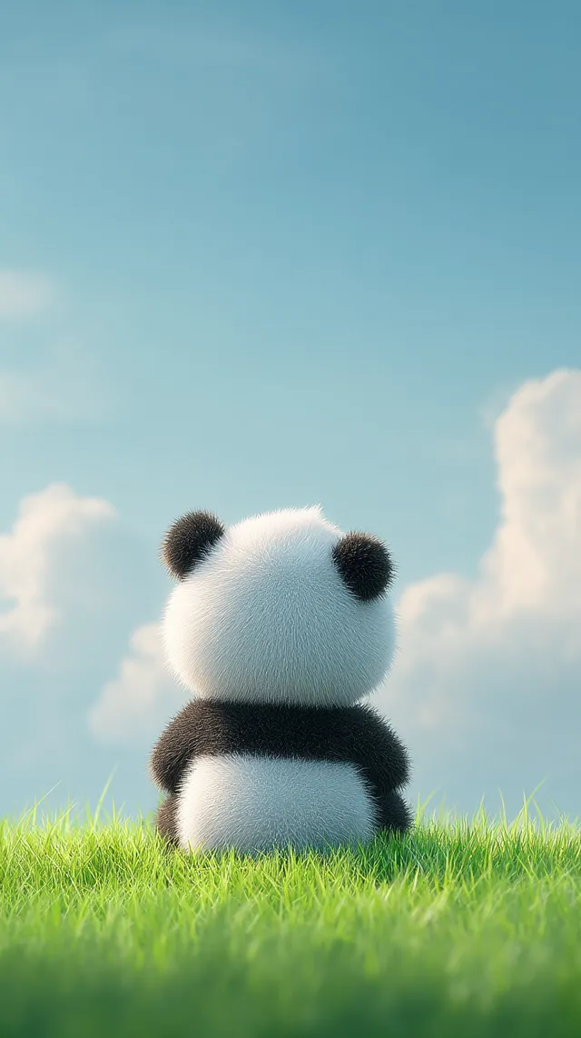 Cute Panda on Green Grass Under Blue Sky