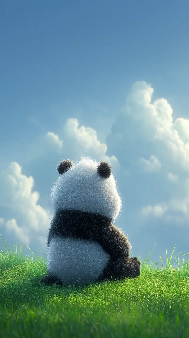 Cute Panda on Grass Under Blue Sky