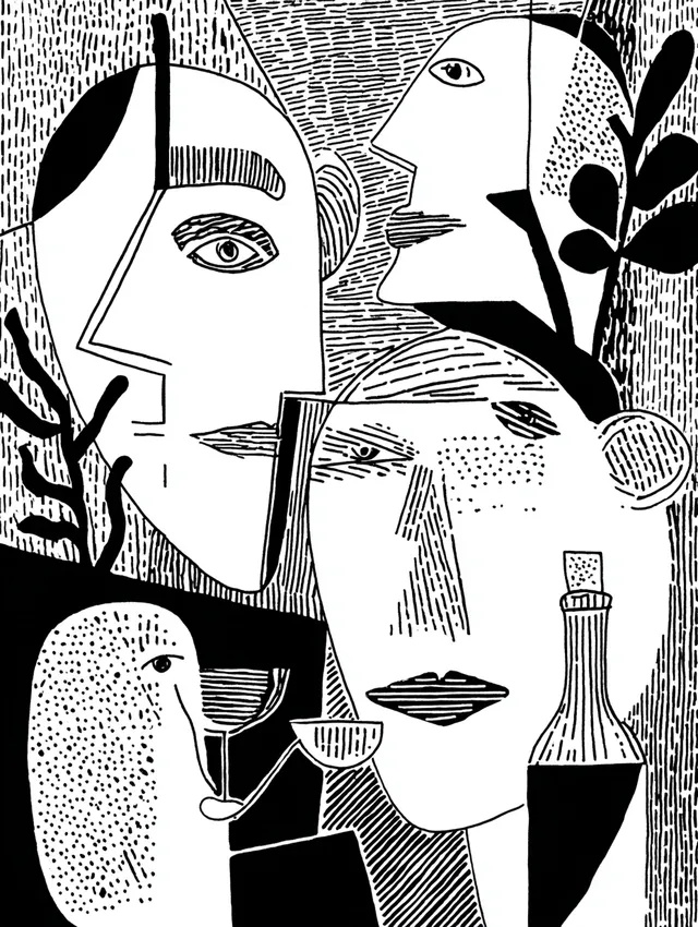 Abstract Black and White Faces with Wine Bottles Illustration