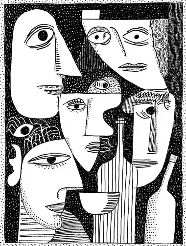 A black and white drawing illustration of abstract faces in the style of Matisse, Abstract shapes, Abstract black and white line drawing of faces in the style of Matisse, minimalistic, in the style of Picasso., a symmetrical grid, patterns, simple line work, precisionist art, simple lines, screen-print style, and high-contrast visual intensity., wine bottles and faces, shapes and lines, black and white, doodles., shapes made from wine bottles., with a patterned background, drawings, shapes made out of eyes, wine bottles  rofile 1s7x5zm