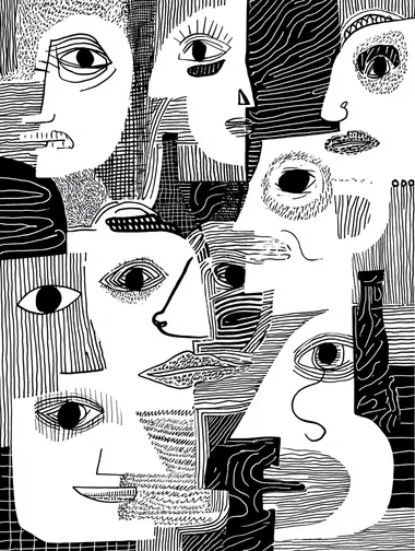 A black and white drawing illustration of abstract faces in the style of Matisse, Abstract shapes, Abstract black and white line drawing of faces in the style of Matisse, minimalistic, in the style of Picasso., a symmetrical grid, patterns, simple line work, precisionist art, simple lines, screen-print style, and high-contrast visual intensity., wine bottles and faces, shapes and lines, black and white, doodles., shapes made from wine bottles., with a patterned background, drawings, shapes made out of eyes, wine bottles  rofile 1s7x5zm