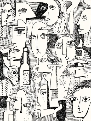A black and white drawing illustration of abstract faces in the style of Matisse, Abstract shapes, Abstract black and white line drawing of faces in the style of Matisse, minimalistic, in the style of Picasso., a symmetrical grid, patterns, simple line work, precisionist art, simple lines, screen-print style, and high-contrast visual intensity., wine bottles and faces, shapes and lines, black and white, doodles., shapes made from wine bottles., with a patterned background, drawings, shapes made out of eyes, wine bottles  rofile 1s7x5zm