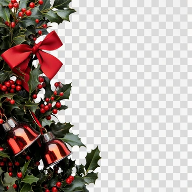 a decorative christmas background, holly and ribbon with bells, on a white background
