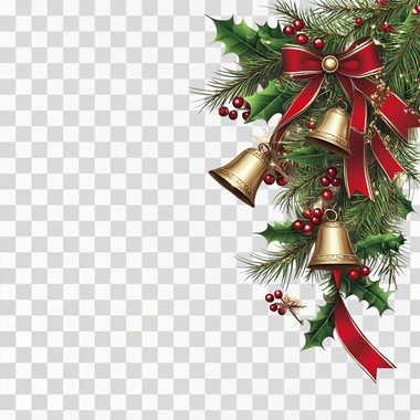 a decorative christmas background, holly and ribbon with bells, on a white background