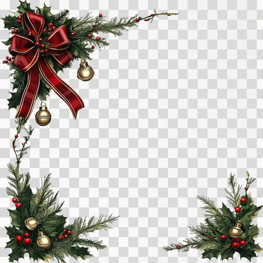 a decorative christmas background, holly and ribbon with bells, on a white background