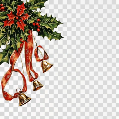 a decorative christmas background, holly and ribbon with bells, on a white background