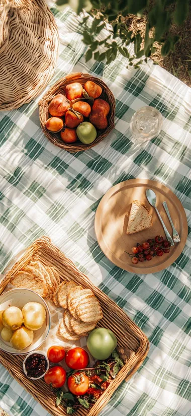 A picnic mat spread out in pale green plaid stripes
