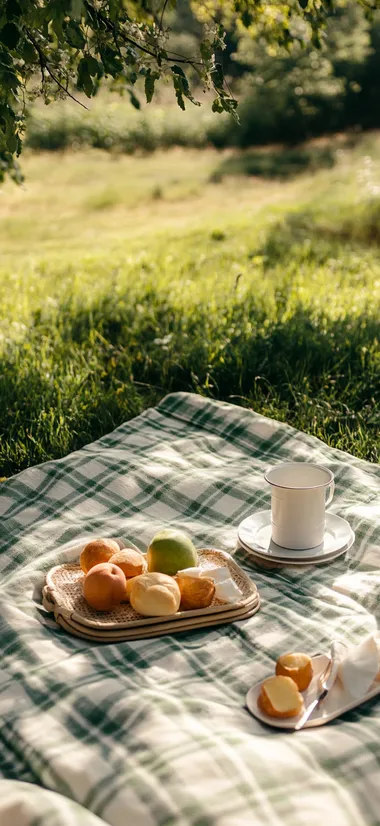 A picnic mat spread out in pale green plaid stripes