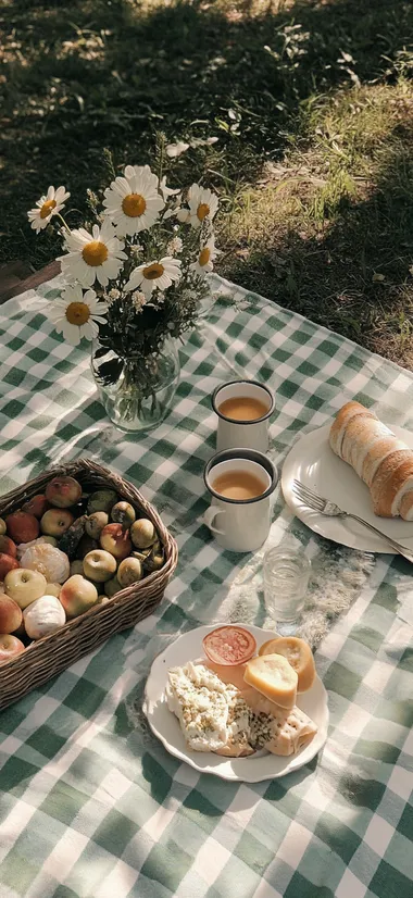A picnic mat spread out in pale green plaid stripes
