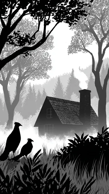 A witchs cottage** with chicken legs, walking through a misty forest, smoke curling from its crooked chimney, fairy-tale illustration style   rofile u361idx