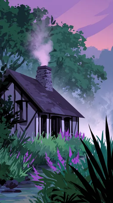 A witchs cottage** with chicken legs, walking through a misty forest, smoke curling from its crooked chimney, fairy-tale illustration style   rofile u361idx