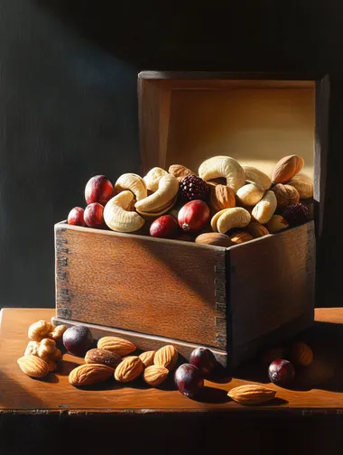A small box of nuts, exquisite light and shadow, high color saturation, nuts include cranberry cashews, etc