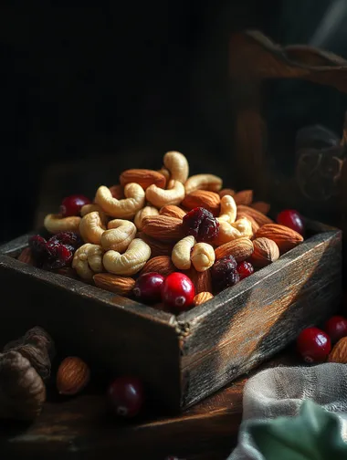 A small box of nuts, exquisite light and shadow, high color saturation, nuts include cranberry cashews, etc