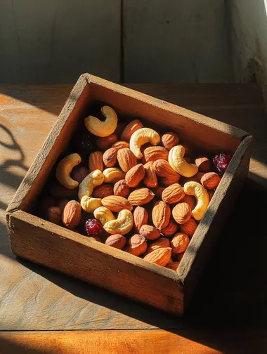 A small box of nuts, exquisite light and shadow, high color saturation, nuts include cranberry cashews, etc