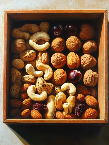 A small box of nuts, exquisite light and shadow, high color saturation, nuts include cranberry cashews, etc