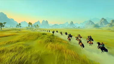 A wide-angle panoramic shot of a powerful cavalry unit galloping across the expansive grasslands. The horses are strong and well-trained, their muscles rippling as they charge forward with great speed and coordination. At the front of the group, a figure rides confidently, leading the charge with a commanding presence. The grass beneath the hooves is swept up by the force of the galloping horses, creating a dynamic, swirling movement. In the distance, the open plains stretch out, with distant mountains adding depth to the scene. The lighting is bright, with sunlight casting long shadows across the grass, highlighting the strength and unity of the cavalry. Stylized in 2.5D cel shading, cinematic composition with rich textures and natural lighting. 16:9 aspect ratio, grand and dynamic scene.