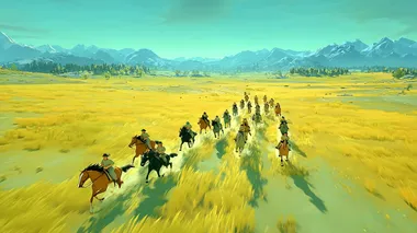 A wide-angle panoramic shot of a powerful cavalry unit galloping across the expansive grasslands. The horses are strong and well-trained, their muscles rippling as they charge forward with great speed and coordination. At the front of the group, a figure rides confidently, leading the charge with a commanding presence. The grass beneath the hooves is swept up by the force of the galloping horses, creating a dynamic, swirling movement. In the distance, the open plains stretch out, with distant mountains adding depth to the scene. The lighting is bright, with sunlight casting long shadows across the grass, highlighting the strength and unity of the cavalry. Stylized in 2.5D cel shading, cinematic composition with rich textures and natural lighting. 16:9 aspect ratio, grand and dynamic scene.