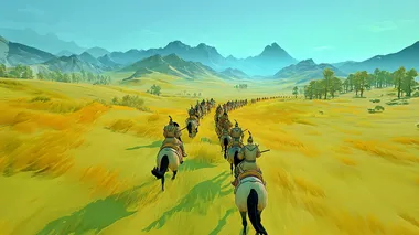A wide-angle panoramic shot of a powerful cavalry unit galloping across the expansive grasslands. The horses are strong and well-trained, their muscles rippling as they charge forward with great speed and coordination. At the front of the group, a figure rides confidently, leading the charge with a commanding presence. The grass beneath the hooves is swept up by the force of the galloping horses, creating a dynamic, swirling movement. In the distance, the open plains stretch out, with distant mountains adding depth to the scene. The lighting is bright, with sunlight casting long shadows across the grass, highlighting the strength and unity of the cavalry. Stylized in 2.5D cel shading, cinematic composition with rich textures and natural lighting. 16:9 aspect ratio, grand and dynamic scene.
