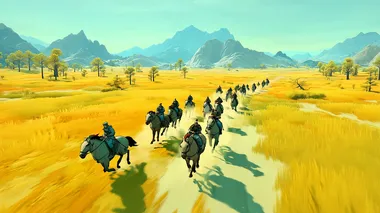 A wide-angle panoramic shot of a powerful cavalry unit galloping across the expansive grasslands. The horses are strong and well-trained, their muscles rippling as they charge forward with great speed and coordination. At the front of the group, a figure rides confidently, leading the charge with a commanding presence. The grass beneath the hooves is swept up by the force of the galloping horses, creating a dynamic, swirling movement. In the distance, the open plains stretch out, with distant mountains adding depth to the scene. The lighting is bright, with sunlight casting long shadows across the grass, highlighting the strength and unity of the cavalry. Stylized in 2.5D cel shading, cinematic composition with rich textures and natural lighting. 16:9 aspect ratio, grand and dynamic scene.